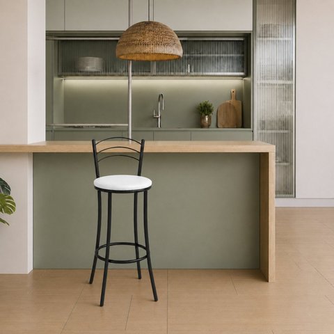 Kit 8 Banquetas Altas Pretas com Assento Estofado e Encosto para Bancada Cozinha Preto/Branco