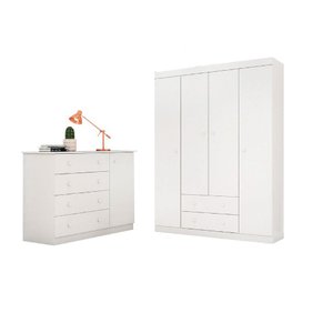 Quarto Infantil Flat Mel 100% MDF Branco Guarda-Roupa Roupeiro + Cômoda Sapateira