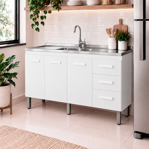 Balcão 160cm Emily 03 Portas e 03 Gavetas com Pia e Cuba Ghelplus Branco Moblis