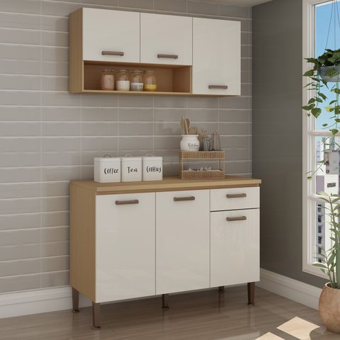 Cozinha Modulada com Balcão 120cm com Tampo e Aereo 120cm Cb0086 Linha Essência Genialflex