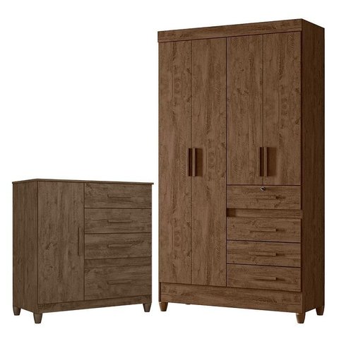 Guarda Roupa Solteiro Sobral e Cômoda Vênus com Pés Castanho Wood – Moval