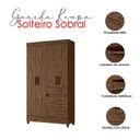 Ver imagem 3 de Guarda Roupa Solteiro Sobral e Cômoda Vênus com Pés Castanho Wood – Moval