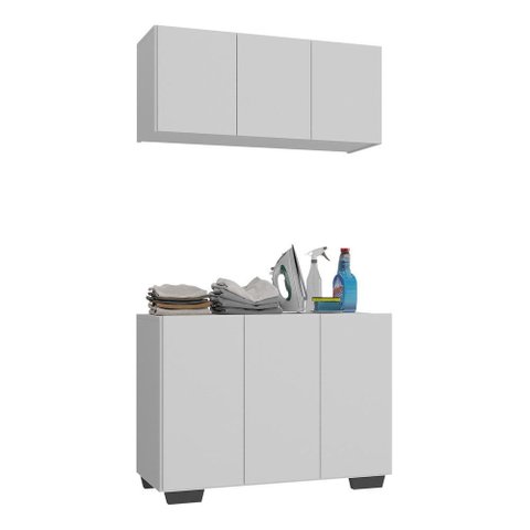 Conjunto Lavanderia Multiuso Armário Aéreo e Balcão 3 Portas Multimóveis Mp5051 Branco/preto