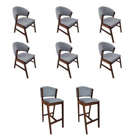 Kit 6 Cadeiras de Jantar Debora com 2 Banquetas Ana Madeira Maciça Mel Premium Linho Cinza