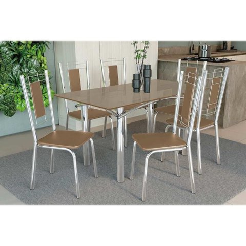 Conjunto: Mesa Sala Jantar Elba Tampo Madeirado C/ Vidro 160cm e 6 Cadeiras Florença Cromada/freijo