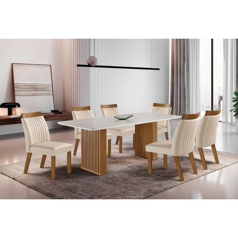 Conjunto Sala de Jantar Mesa Imperatriz 1,80m e 6 Cadeiras Olinda Creme