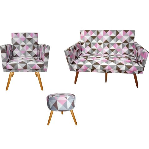 Kit Namoradeira + 1 Poltrona Decorativa Nina + Puff Redondo Suede Triângulo Rosa Pés Madeira Ms Deco