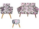 Ver imagem 1 de Kit Namoradeira + 1 Poltrona Decorativa Nina + Puff Redondo Suede Triângulo Rosa Pés Madeira Ms Deco