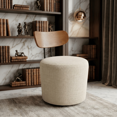 Poltrona Orgânica Redonda Linho Off White Encosto Madeira Curvo Design Escandinavo Sala Quarto Hall