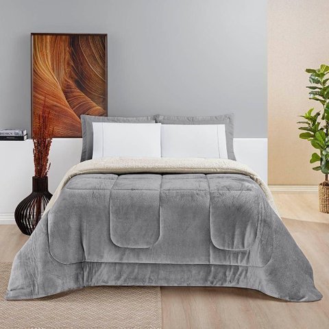 Coberdrom Diamond Casal Queen Sherpa com Manta Flannel 01 Peça - Cinza