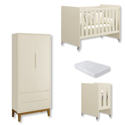 Quarto de Bebê Berço Evolution + Guarda Roupa 2 Portas Areia + Colchão