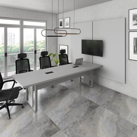 Mesa Escritório 2,70m 2 Cx de Tomada e Painel de Tv Duplo F5 Cor:cinza
