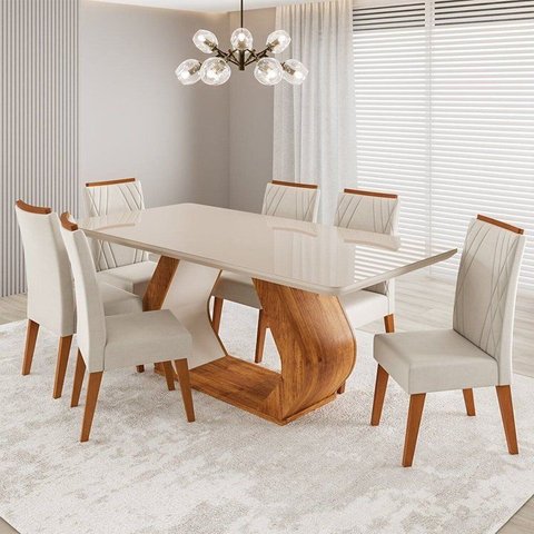 Conjunto Sala de Jantar 6 Lugares Retangular Tampo em Vidro e MDF Saron Yescasa Bege/Mel/Off White