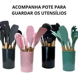 Kit 12 Utensílios de Cozinha Peças de Silicone e Cabo de Madeira Madeira Resistentes - Preto - 6
