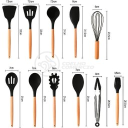 Kit 12 Utensílios de Cozinha Peças de Silicone e Cabo de Madeira Madeira Resistentes - Preto - 3