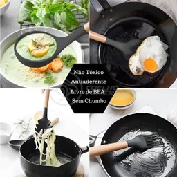 Kit 12 Utensílios de Cozinha Peças de Silicone e Cabo de Madeira Madeira Resistentes - Preto - 5