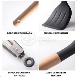 Kit 12 Utensílios de Cozinha Peças de Silicone e Cabo de Madeira Madeira Resistentes - Preto - 4