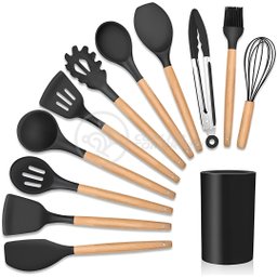 Kit 12 Utensílios de Cozinha Peças de Silicone e Cabo de Madeira Madeira Resistentes - Preto - 1