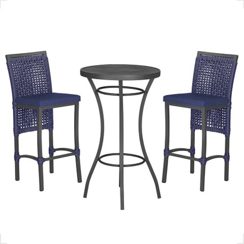 Mesa Bistrô e 2 Banquetas Roma Preta Corda Náutica Estofado 10 Trama Original