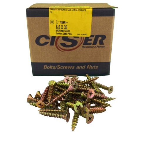 Parafuso Chipboard 6.0x35 Phillips para Madeira Caixa 200 Peças