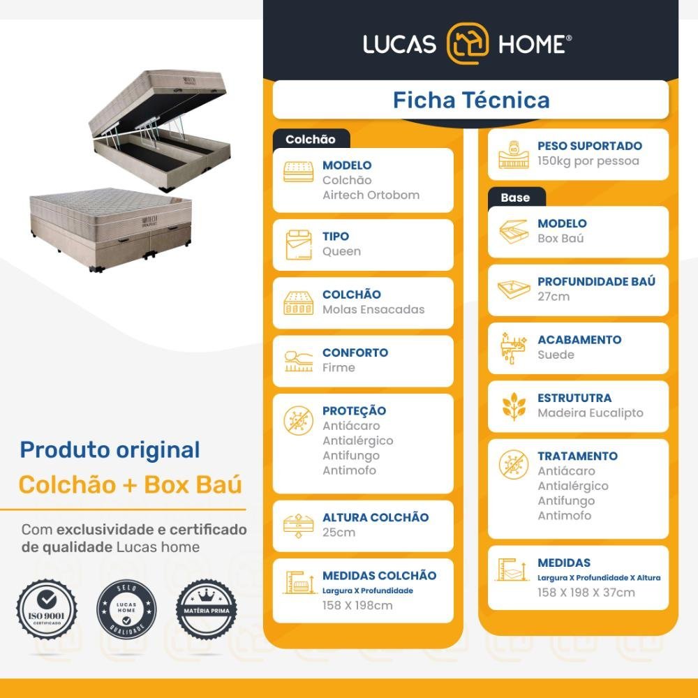 Cama Box Baú Queen + Colchão de Molas Ensacadas Ortobom Airtech Bege 158cm suporta até 150 Kg - 2