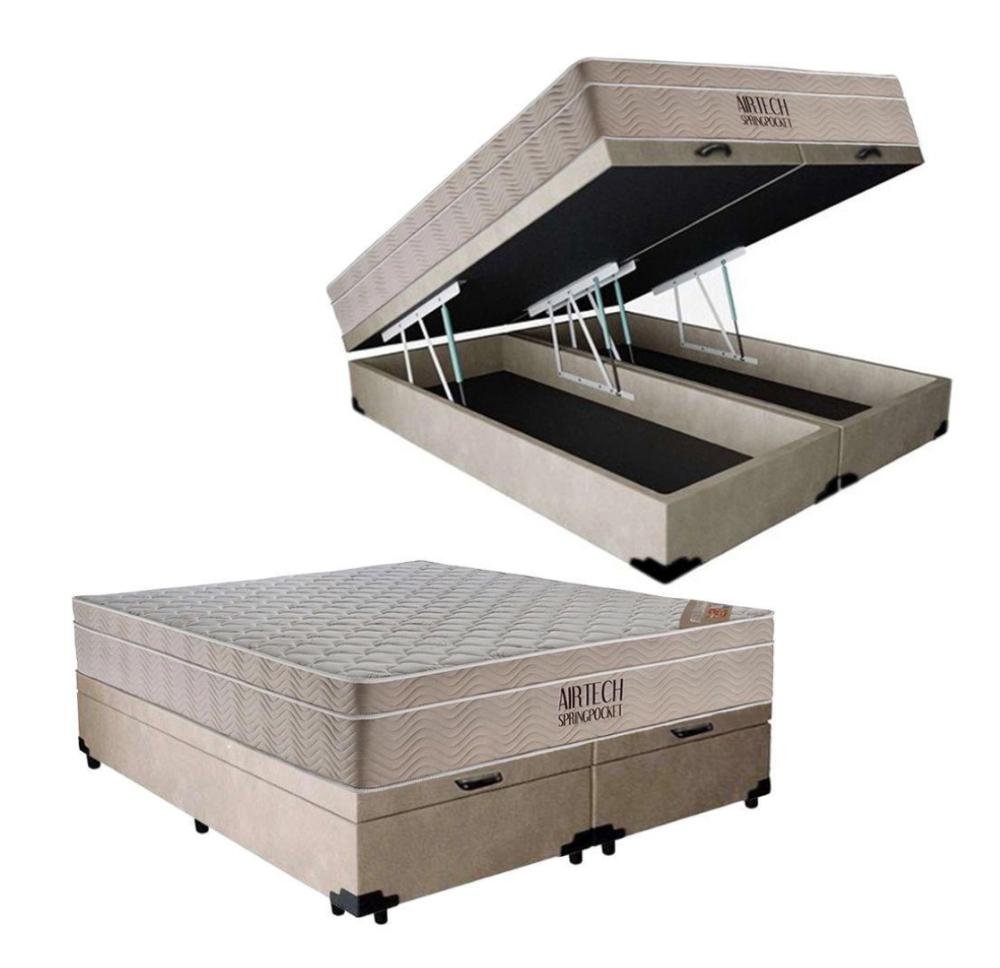 Cama Box Baú Queen + Colchão de Molas Ensacadas Ortobom Airtech Bege 158cm suporta até 150 Kg - 1
