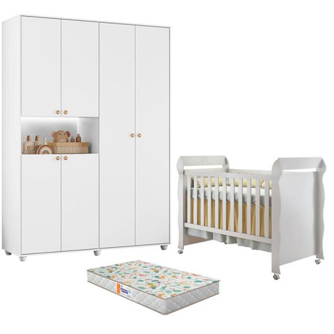 Berço Americano Mirelle com Colchão Gazin com Guarda Roupa Infantil Vittoria 6 Portas Branco - Mó