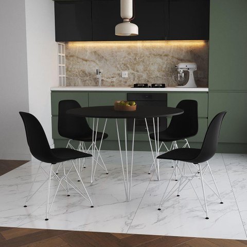 Mesa De Jantar Redonda 90Cm Preta Clips 3 Pés Com 4 Cadeiras Pretas Ferro Branco Cor: Preto