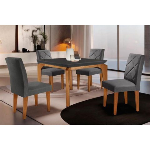 Sala de Jantar Completa Londrina Tampo Madeirado C/ Vidro Curvo 120x80 e 4 Cadeiras Melissa Imbuia
