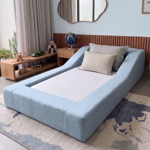 Cama Infantil Montessoriana a Vácuo Solteiro Colchão Brinde Bouclê Azul Bebê Montanaris Decor