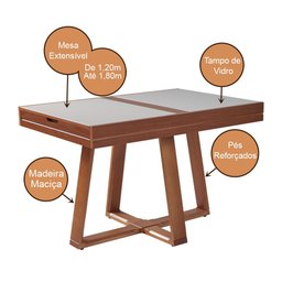 Mesa de Jantar Caroline 1,20m Extensível 1,80m em Madeira Maciça Imbuia Tampo Vidro Off White - 4
