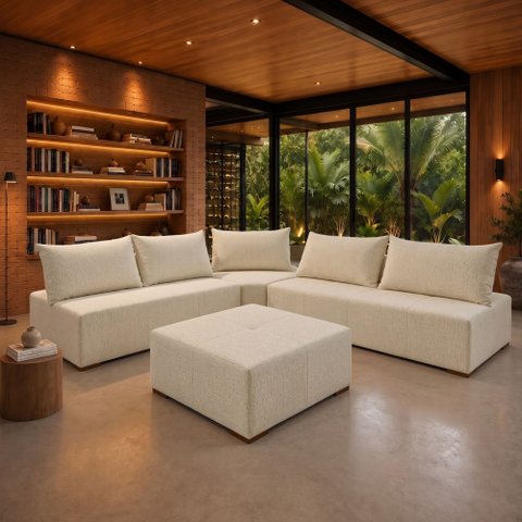 Sofá de Canto Modulado com Puff e Base Madeira Maciça 320CMX270CM Lisboa