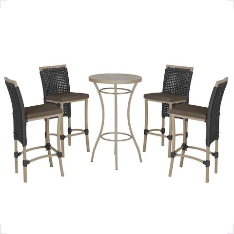 Mesa Bistrô e 4 Banquetas Roma Fendi Corda Estofado 9 Trama Preto