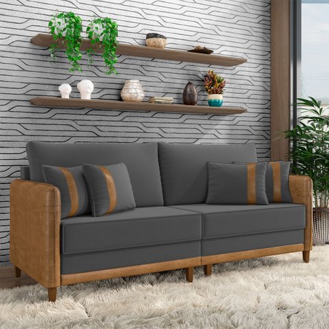 Sofá Montecarlo 2 Lugares 212cm Veludo/pu Grafite/caramelo