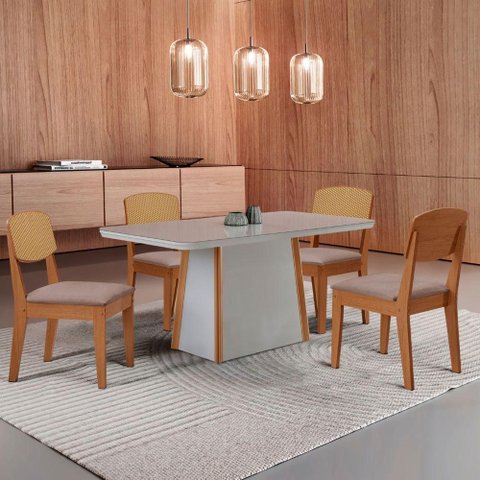 Mesa Jantar Diane 120cm Tampo Mdf Vidro 4 Cadeiras Copper Prem Moderna Linho Capuccino Off White