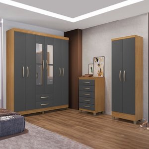 Kit Guarda Roupa Casal 6 Portas 2 Gavetas com Espelho, Cômoda 5 Gavetas e Multiuso Carvalho Grafite