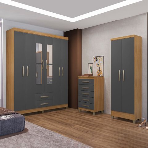 Kit Guarda Roupa Casal 6 Portas 2 Gavetas com Espelho, Cômoda 5 Gavetas e Multiuso Carvalho Grafite