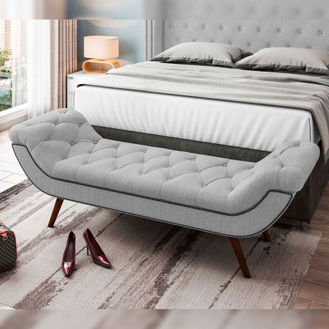 Puff Recamier Decorativo com Tachas 160 cm Santorini Linho Cinza - Lyam Decor