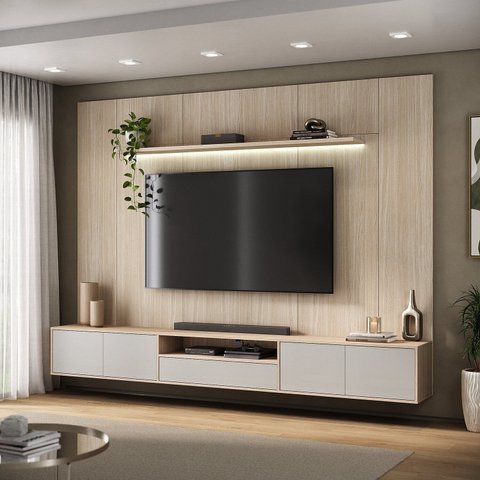 Rack Painel para Tv até 89 Polegadas 270x200cm com LED 100% MDF Astro Yescasa Bege Galiano Grann/Argila