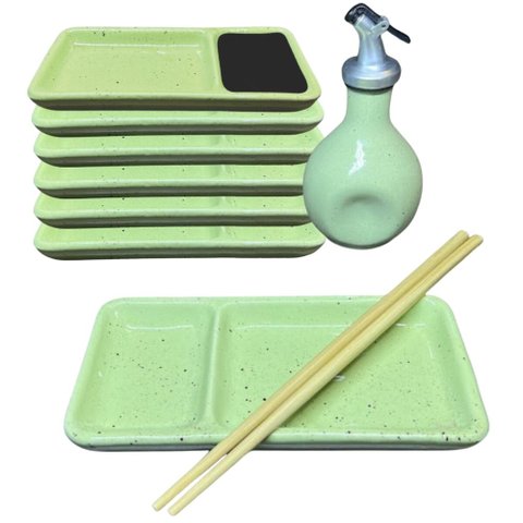 Kit 6 Pessoas Oriental Jarra e Prato Divisória Shoyu Porcelana Sapporo Verde Servir