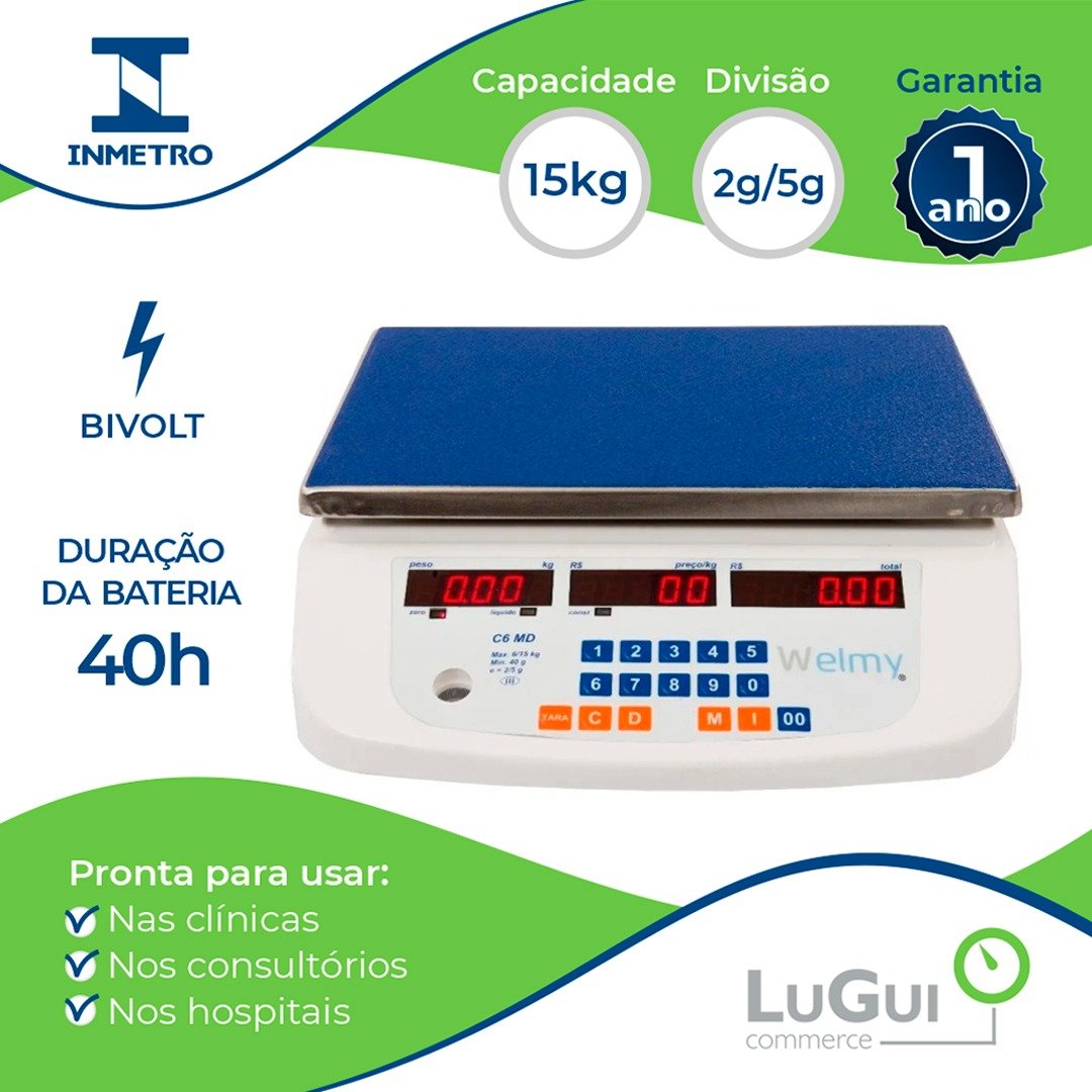 Balança Computadora Eletrônica Bat Led C6 6/15kg 2/5g Welmy - 1