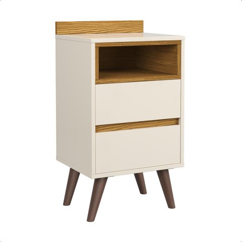 Mesa de Cabeceira Allamo 2 Gavetas Pés Retro Corrediça Metálica Off White/Freijo