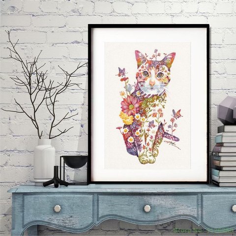 Quadro Decorativo Gato Floral - 60x48cm:madeira Branca