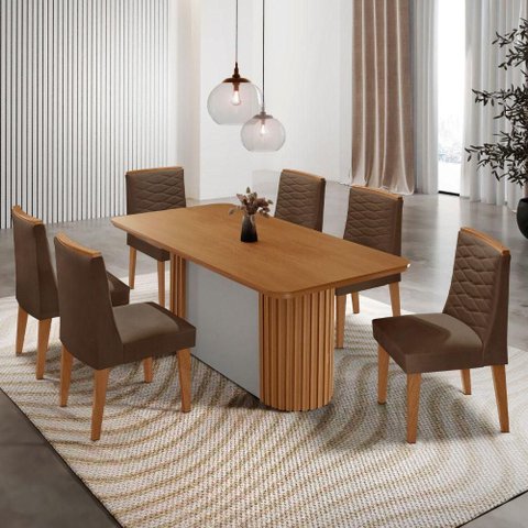 Mesa de Jantar Aspen com 6 Cadeiras Eloise Moderna Mobília Veludo Marrom/naturalle