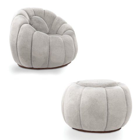 Poltrona Decorativa Orgânica Giratória com Puff Cloud Bouclê Cinza Claro E03 - D’Rossi