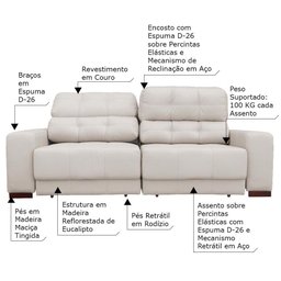 Sofá Retrátil Reclinável 3 Lugares Couro Off White - 3