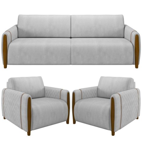 Kit Sofá 02 Lugares Sala Estar 168cm com 02 Poltronas Flora Pés Madeira M03 Veludo Cinza - Lyam