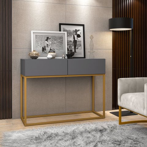Aparador para Sala 2 Gavetas Pequeno Eros 90 para Apartamento Base de Ferro Dourado Design Moderno L
