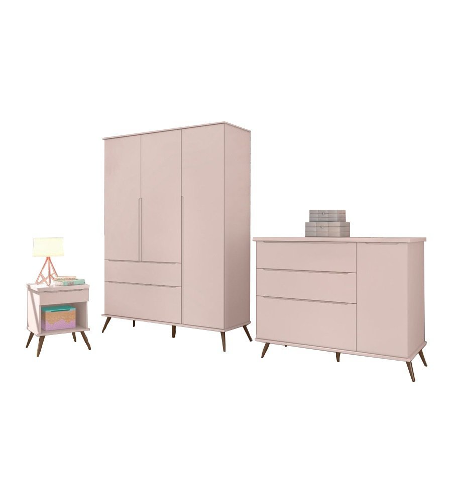 Quarto Infantil Bebê Melinda Cômoda Guarda Roupa Mesa de Apoio Rosê