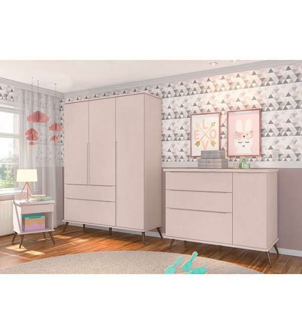 Quarto Infantil Bebê Melinda Cômoda Guarda Roupa Mesa de Apoio Rosê - 2